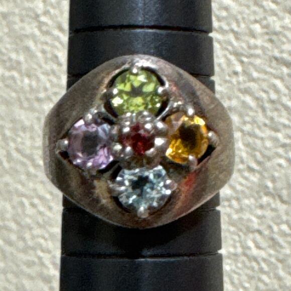 925 SS Multi Gemstone Ring Size 8 Garnet, Blue Topaz, Peridot, Amethyst Citrine - Picture 1 of 9